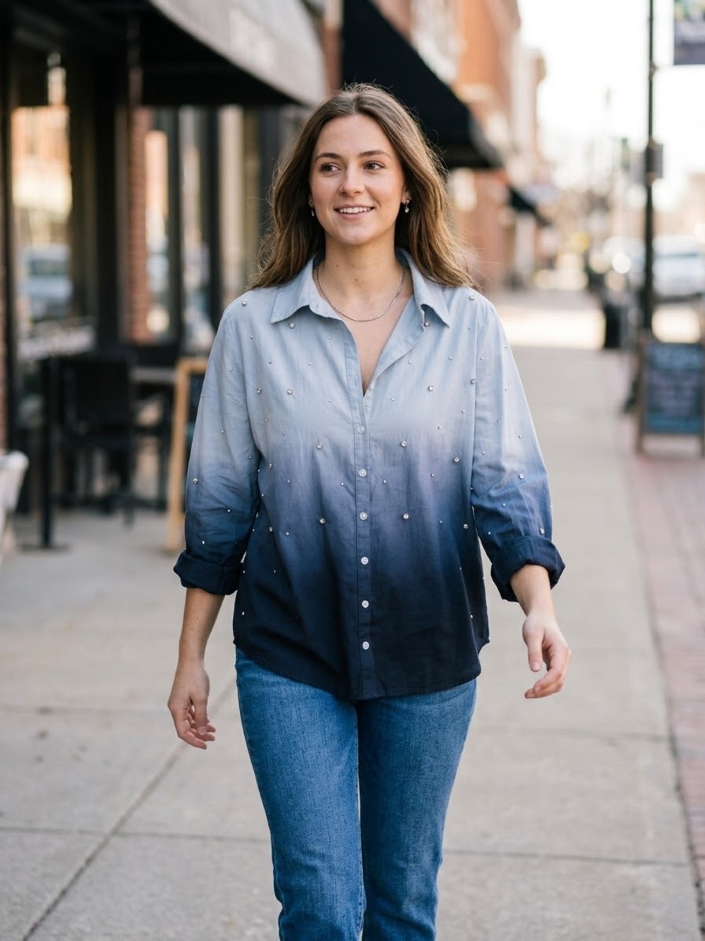 By Giuliana Ombre Button-Front Shirt with Subtle Stud Detail - Blue Ombre